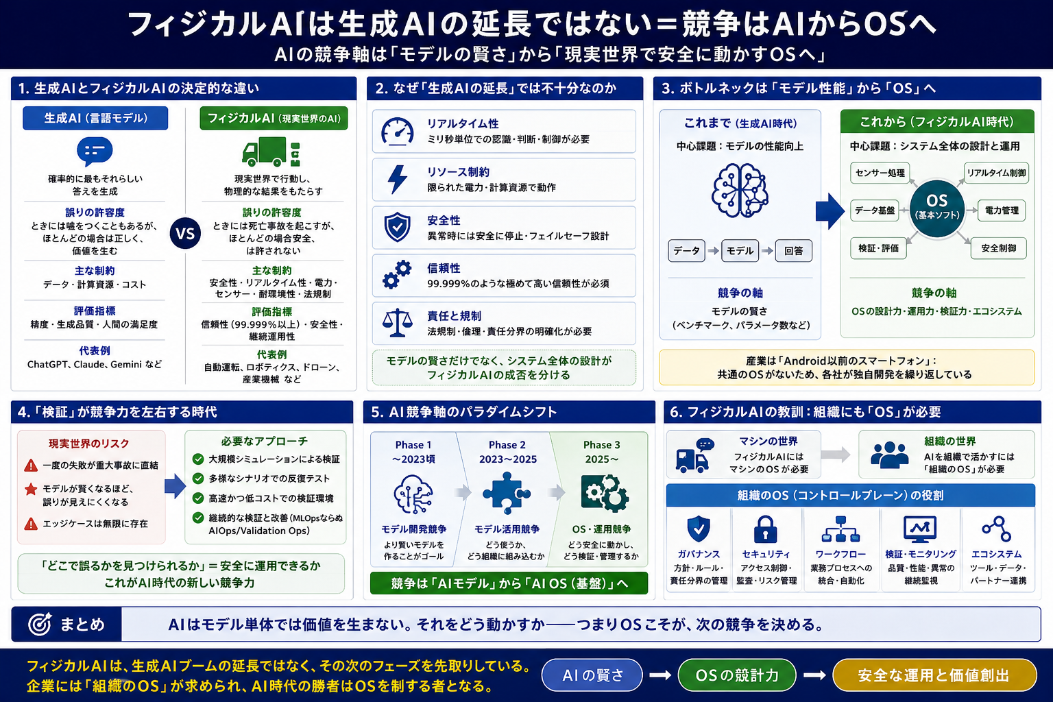 フィジカルAIは生成AIの延長ではなくOSが競争軸になることを示す図解